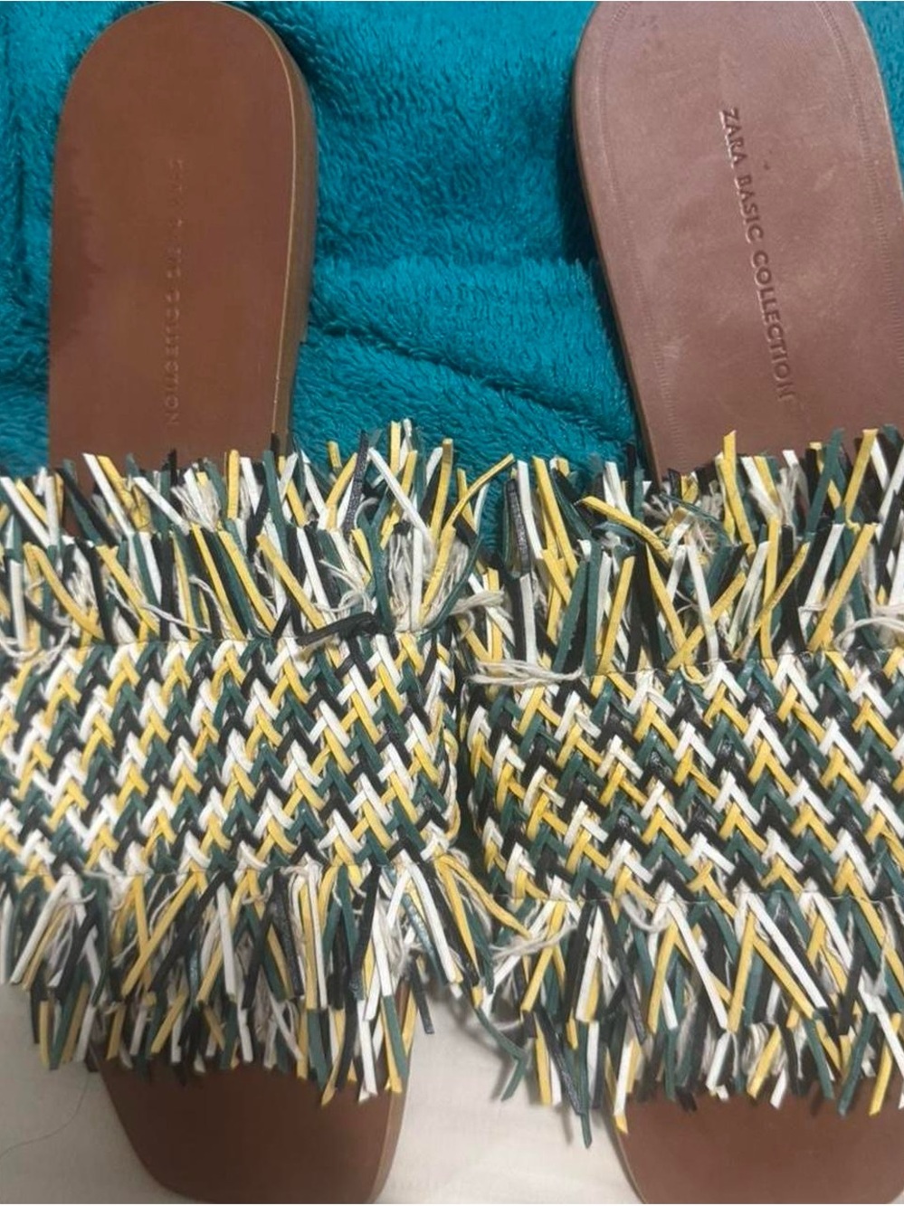 Zara Brown Slide Sandals with Green, Yellow & White Woven Fringe